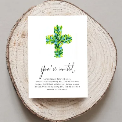 Invitation with watercolor cross and "You're invited" text.