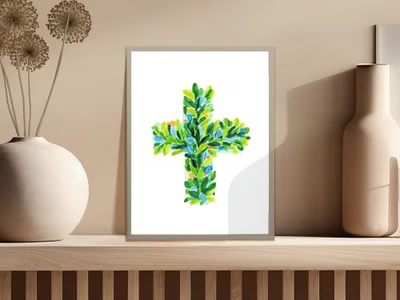 Watercolor cross illustration with green leaves and blue accents.