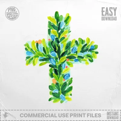 Watercolor cross illustration with blue berries and green leaves.