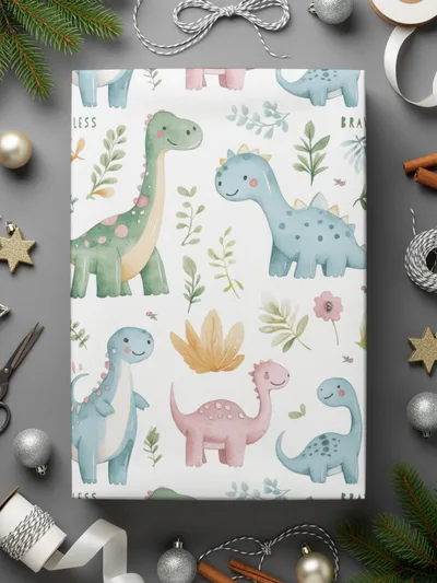 Cute Dinosaurs and Leaves Pattern Wrapping Paper