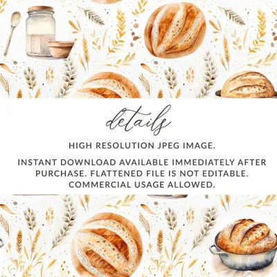 Bread Making Digital Paper, Watercolor Baking Seamless Pattern, Kitchen Digital Background, Food Texture, Digital Download, JPEG Files - Moore and Mountain
