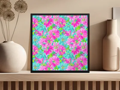 Framed floral art with bright pink and turquoise flowers.