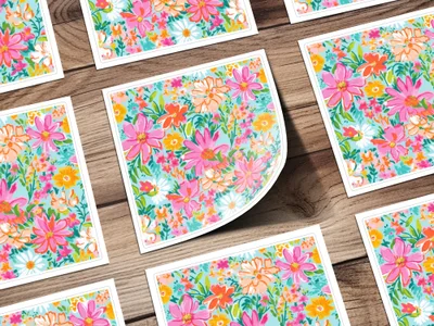 Colorful Floral Pattern Design Square Stickers Set