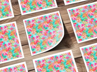 Vibrant Tropical Floral Pattern Square Art Prints