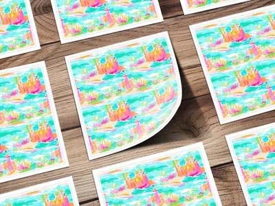 Watercolor Fantasy Castle Print with Vibrant Colors Design