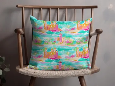 Vibrant Coastal Castle Design Throw Pillow Product