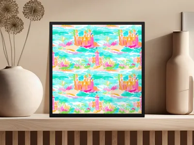 Colorful Beach Castle Art Print in Decorative Frame