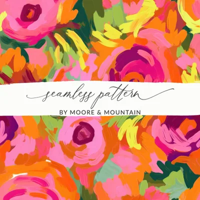 Bright Pink and Orange, Acrylic Seamless Abstract Digital, Floral Seamless Pattern, Painted Flower Repeat, Abstract Background Art