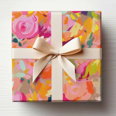 Vibrant Floral Gift Wrap with Elegant Ivory Bow