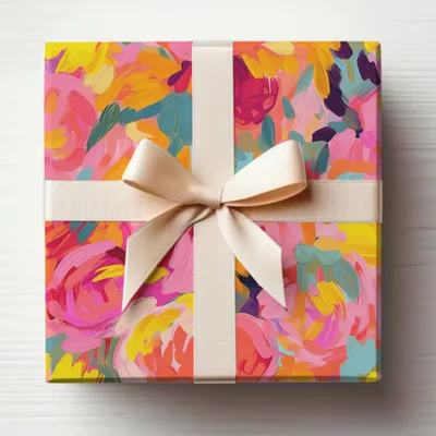 Vibrant Floral Wrapped Gift Box with Elegant Bow