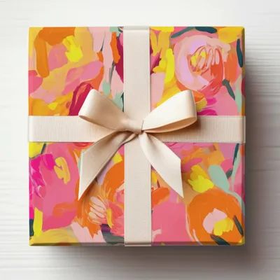 Colorful Floral Wrapped Gift Box with White Ribbon