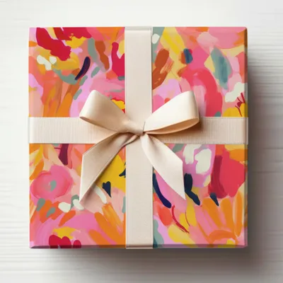 Colorful Floral Gift Wrap with Cream Ribbon Design