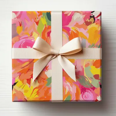 Vibrant Artistic Gift Wrap with Cream Bow decor