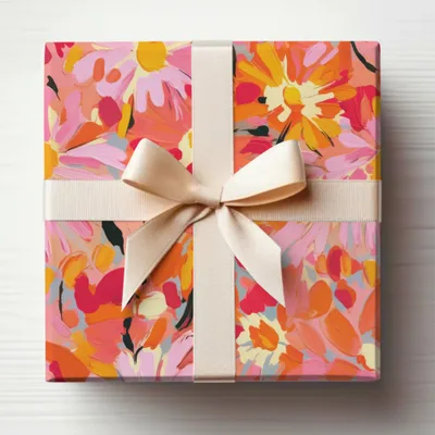 Bright Floral Gift Wrap with Elegant Beige Ribbon
