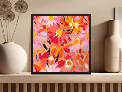 Vibrant Abstract Floral Art Print in Black Frame