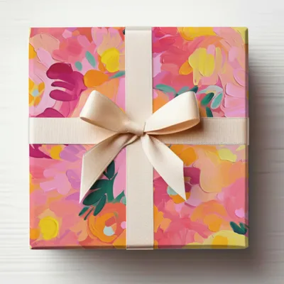 Bright Floral Gift Wrap with Beige Ribbon Decor Box