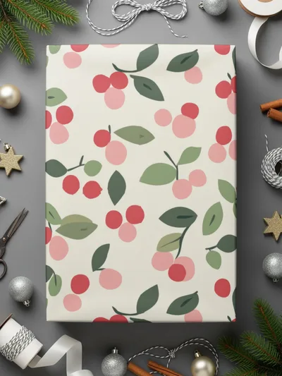 Festive Cherry and Leaf Pattern Gift Wrap Paper