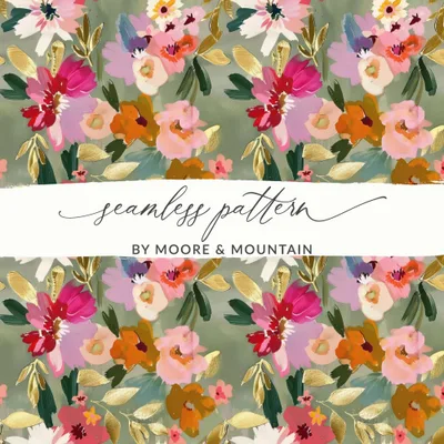 Bright Sage Green and Pink Floral Digital Seamless Pattern, Flower Garden Illustration, Repeating Design for Fabric,