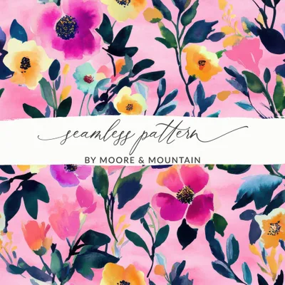 Bright Watercolor Floral Digital Paper, Pink Flower Pattern, Seamless Floral, Repeatable Print, Fabric Design, Commercial Use