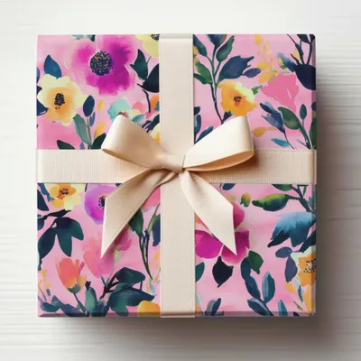 Vibrant Floral Gift Wrap with Elegant Cream Ribbon Decor