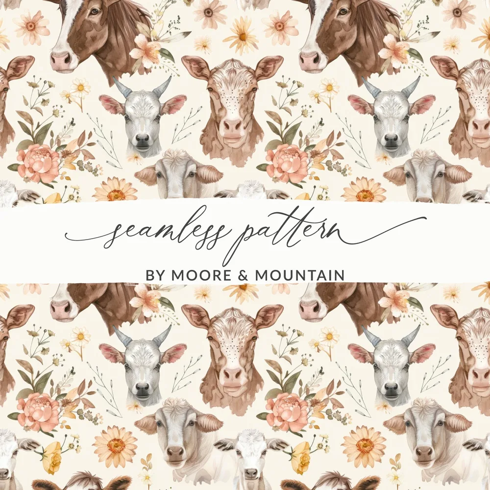 Brown and White Cows Digital Paper, Watercolor Floral Pattern, Farm Animals, Spring Fabric Design, Seamless Background, Scrapbooking - Moore and Mountain