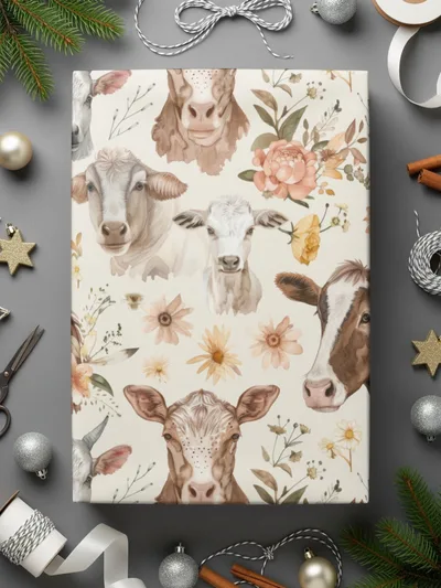 Brown and White Cows Digital Paper, Watercolor Floral Pattern, Farm Animals, Spring Fabric Design, Seamless Background, Scrapbooking - Moore and Mountain