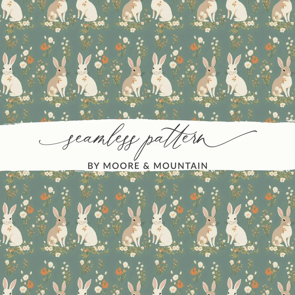 Bunny Floral Digital Paper, Seamless Pattern, Easter Rabbit, Pastel Green, Springtime Design, Digital Download, Scrapbooking Paper, Print - Moore and Mountain