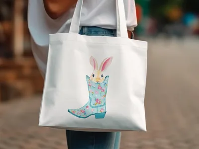 Bunny peeking from a floral blue cowboy boot on a white tote bag.