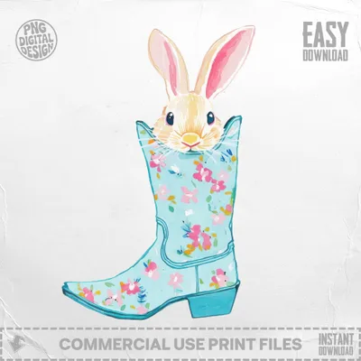 Bunny peeking from a light blue floral cowboy boot.