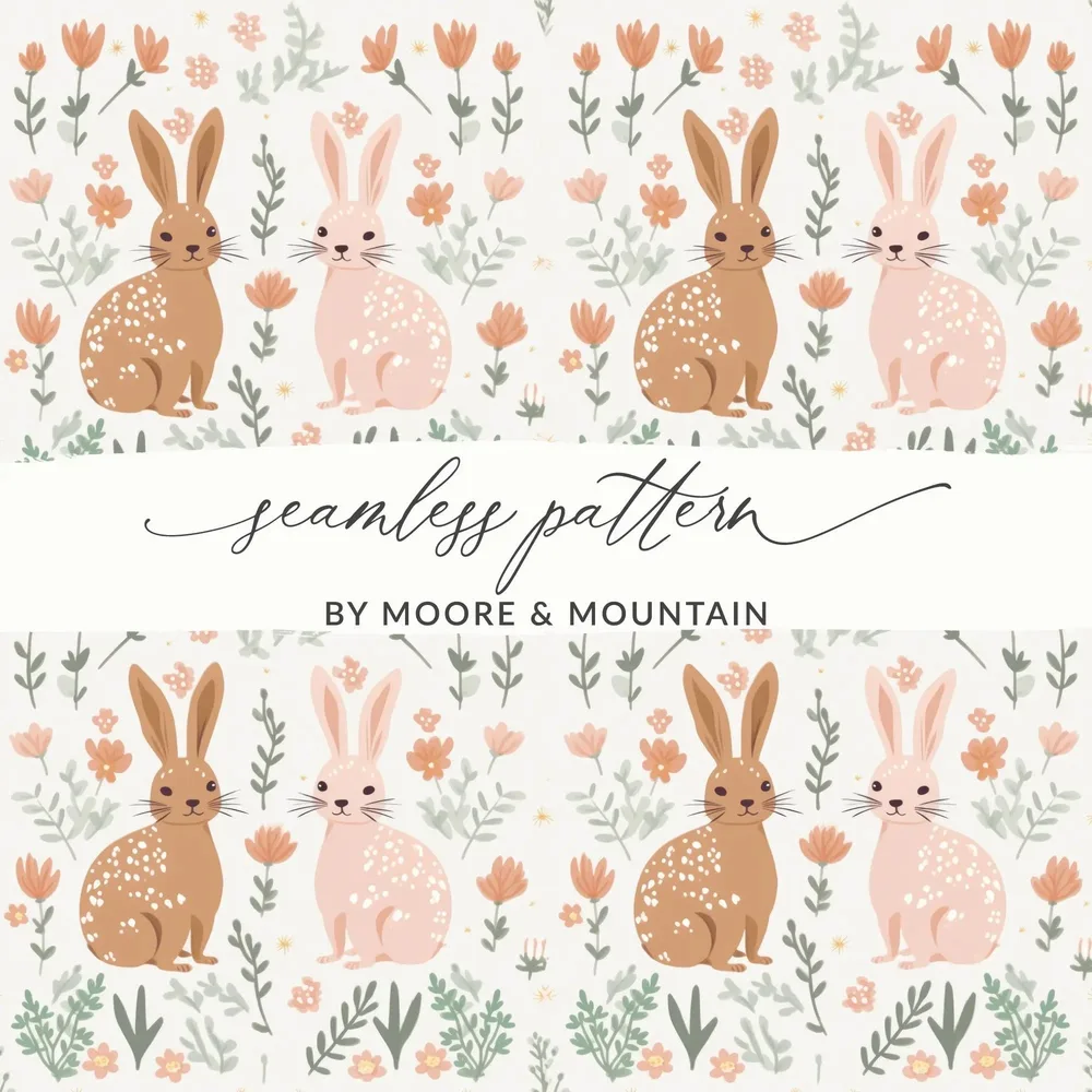 Bunny Rabbit Seamless Pattern, Digital Paper, Floral Print, Easter Theme, Digital Download, Fabric Design, Cute Animals, Scrapbooking - Moore and Mountain