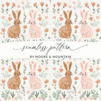 Bunny Rabbit Seamless Pattern, Digital Paper, Floral Print, Easter Theme, Digital Download, Fabric Design, Cute Animals, Scrapbooking