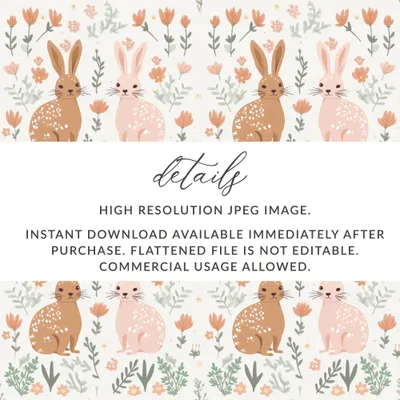 Bunny Rabbit Seamless Pattern, Digital Paper, Floral Print, Easter Theme, Digital Download, Fabric Design, Cute Animals, Scrapbooking - Moore and Mountain