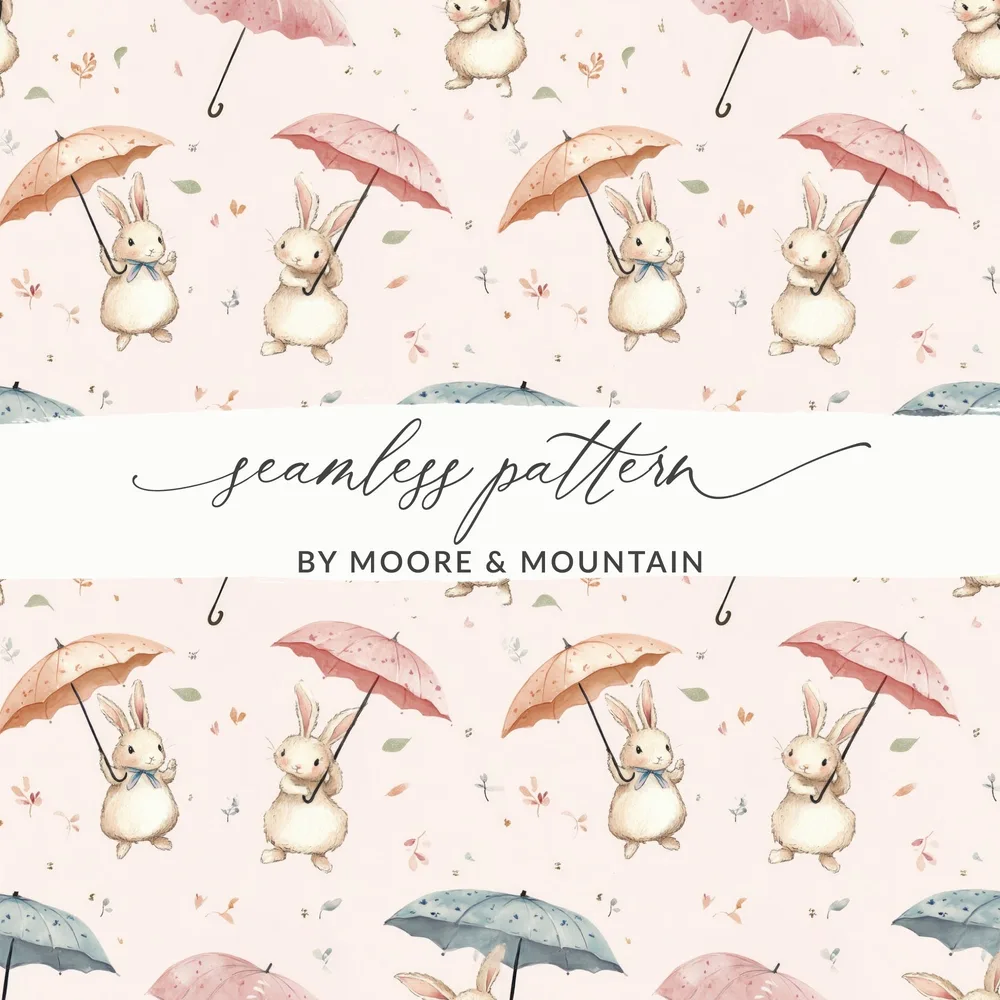 Bunny Rabbit With Umbrellas Digital Paper, Watercolor Cute Animals Pattern, Pink Blue Beige Seamless Design, Spring Easter Texture, Digital - Moore and Mountain