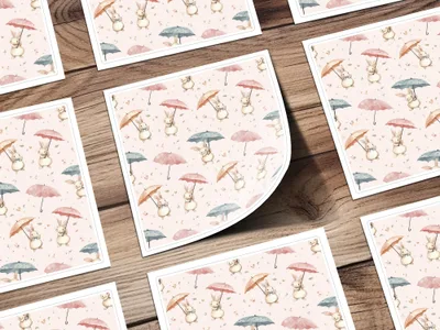 Bunny Rabbit With Umbrellas Digital Paper, Watercolor Cute Animals Pattern, Pink Blue Beige Seamless Design, Spring Easter Texture, Digital - Moore and Mountain