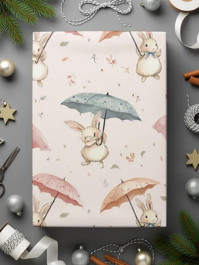 Bunny Rabbit With Umbrellas Digital Paper, Watercolor Cute Animals Pattern, Pink Blue Beige Seamless Design, Spring Easter Texture, Digital - Moore and Mountain