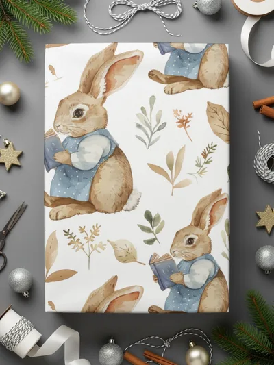 Bunny Reading Book Digital Paper, Rabbit Seamless Pattern, Watercolor Animal Print, Scrapbook Paper, Fabric Design, Digital Download - Moore and Mountain