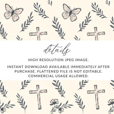Butterfly Cross Seamless Pattern, Floral Digital Paper, Faith Inspired Designs, JPEG Files for Fabric Design, Scrapbooking - Moore and Mountain