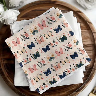 Butterfly Digital Paper, Floral Pattern, Pink, Navy, Beige, Seamless Pattern, Spring Digital Download, Kids Fabric, Scrapbooking - Moore and Mountain