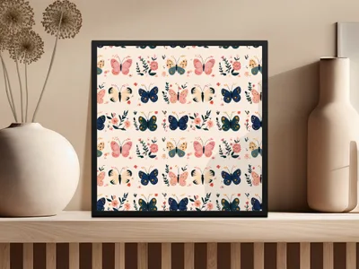 Butterfly Digital Paper, Floral Pattern, Pink, Navy, Beige, Seamless Pattern, Spring Digital Download, Kids Fabric, Scrapbooking - Moore and Mountain