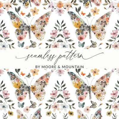 Butterfly Floral Pattern Digital Paper, Watercolor Seamless Pattern for Fabric, Scrapbooking, Packaging, 2 Scales, 2 Backgrounds