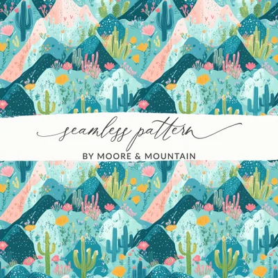 Cactus Digital Paper, Desert Digital Print, Botanical Seamless Pattern, Mountain Landscape, Southwest Download, JPEG Files for Craft, Fabric