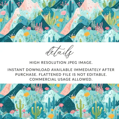 Cactus Digital Paper, Desert Digital Print, Botanical Seamless Pattern, Mountain Landscape, Southwest Download, JPEG Files for Craft, Fabric - Moore and Mountain