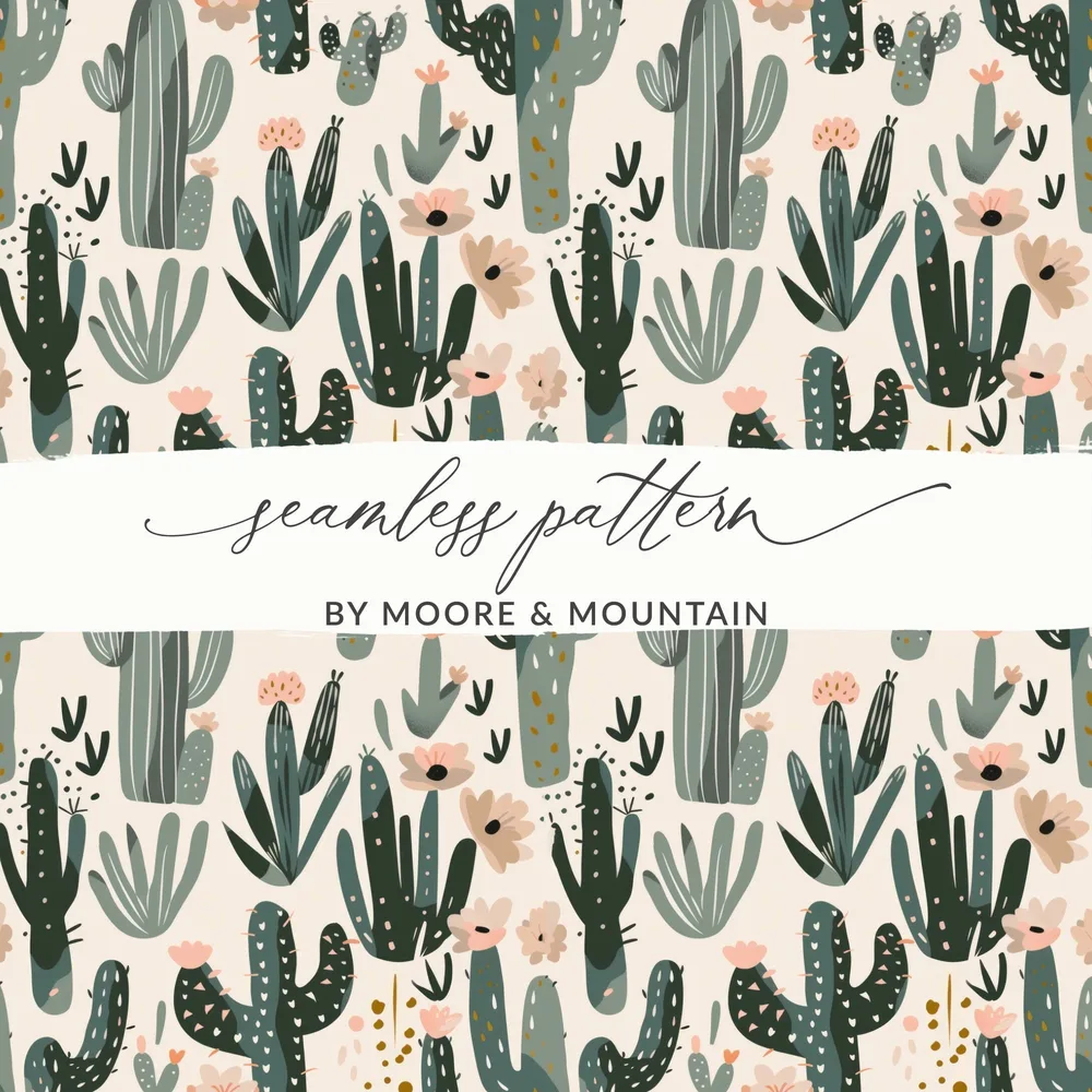 Cactus Flower Digital Paper, Seamless Pattern, Boho Plants Illustration, Desert Printable, Scrapbooking Paper, Fabric Design - Moore and Mountain
