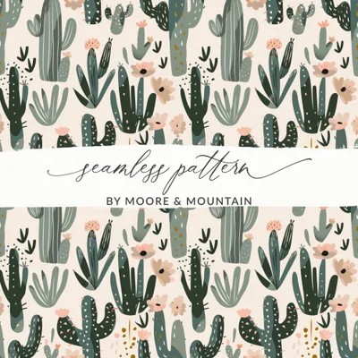 Cactus Flower Digital Paper, Seamless Pattern, Boho Plants Illustration, Desert Printable, Scrapbooking Paper, Fabric Design