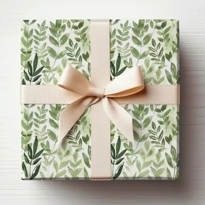 Elegant Green Leaf Print with Peach Ribbon Gift Wrap