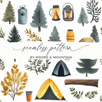 Camping Watercolor Digital Paper, Seamless Pattern, Outdoor Adventure Scrapbook Paper, Forest Tent Tree Digital Background, PNG Download