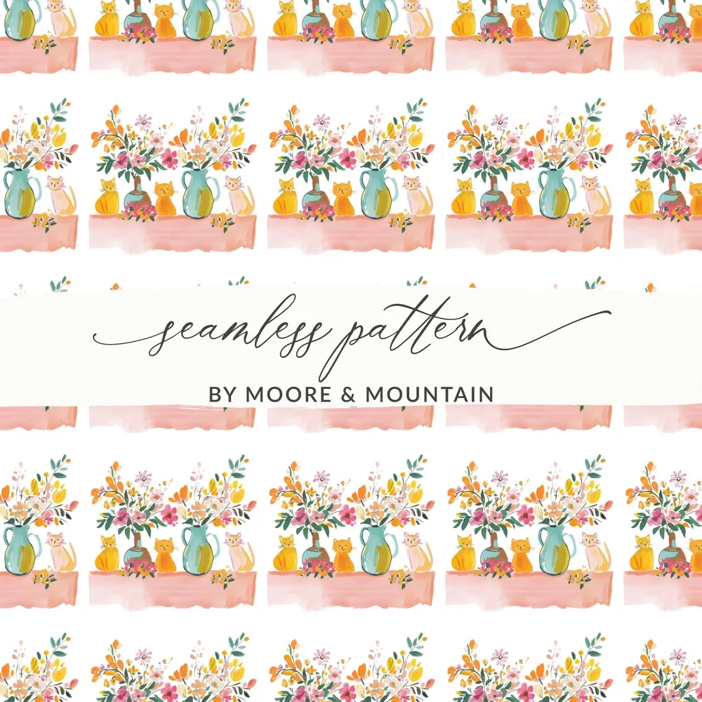 Cat and Floral Digital Paper, Seamless Pattern, Watercolor Style, Printable Fabric, Scrapbooking Paper, Kitty Design, Animal Digital - Moore and Mountain