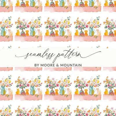 Cat and Floral Digital Paper, Seamless Pattern, Watercolor Style, Printable Fabric, Scrapbooking Paper, Kitty Design, Animal Digital