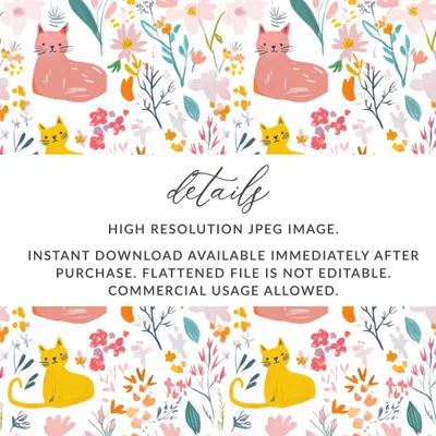 Cat and Flower Digital Seamless Pattern, Animal Floral Design, Pet Fabric, Cute Kitten Image, Download Files, Printable Design, Crafts - Moore and Mountain