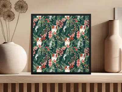 Cavalier Dog Digital Paper, Floral Seamless Pattern, Christmas Design, Pet Fabric Design, Dog Lover Gift, Repeating Pattern, 12x12 JPEG - Moore and Mountain